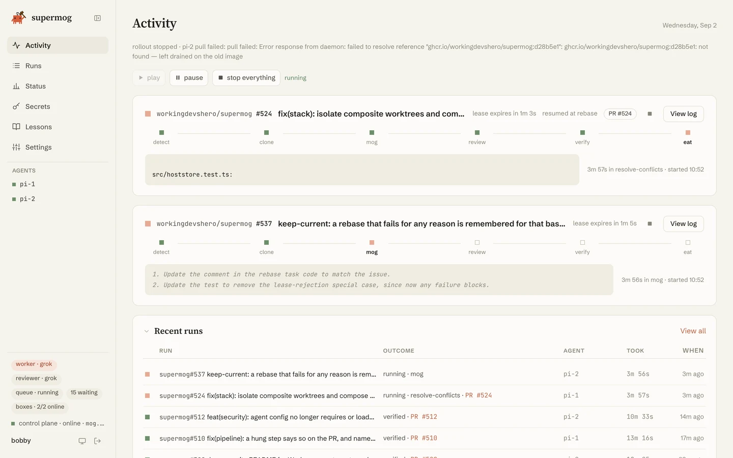 The Activity view: two runs mid-pipeline on two boxes, fifteen jobs waiting, both agents online.