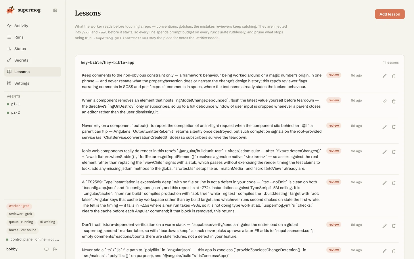 The Lessons page: per-repo lessons the bot learned from review feedback, injected into future runs.