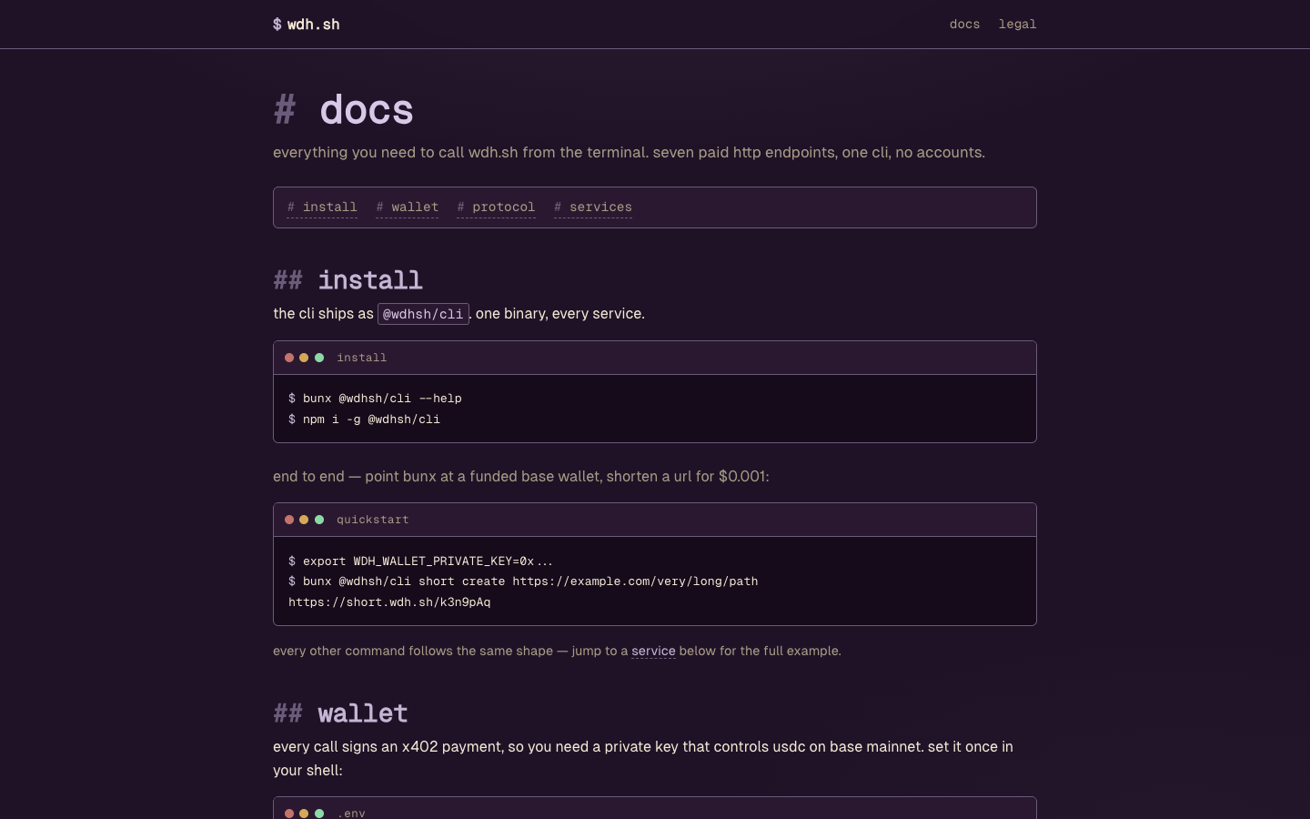 WDH.sh docs — install and CLI quickstart