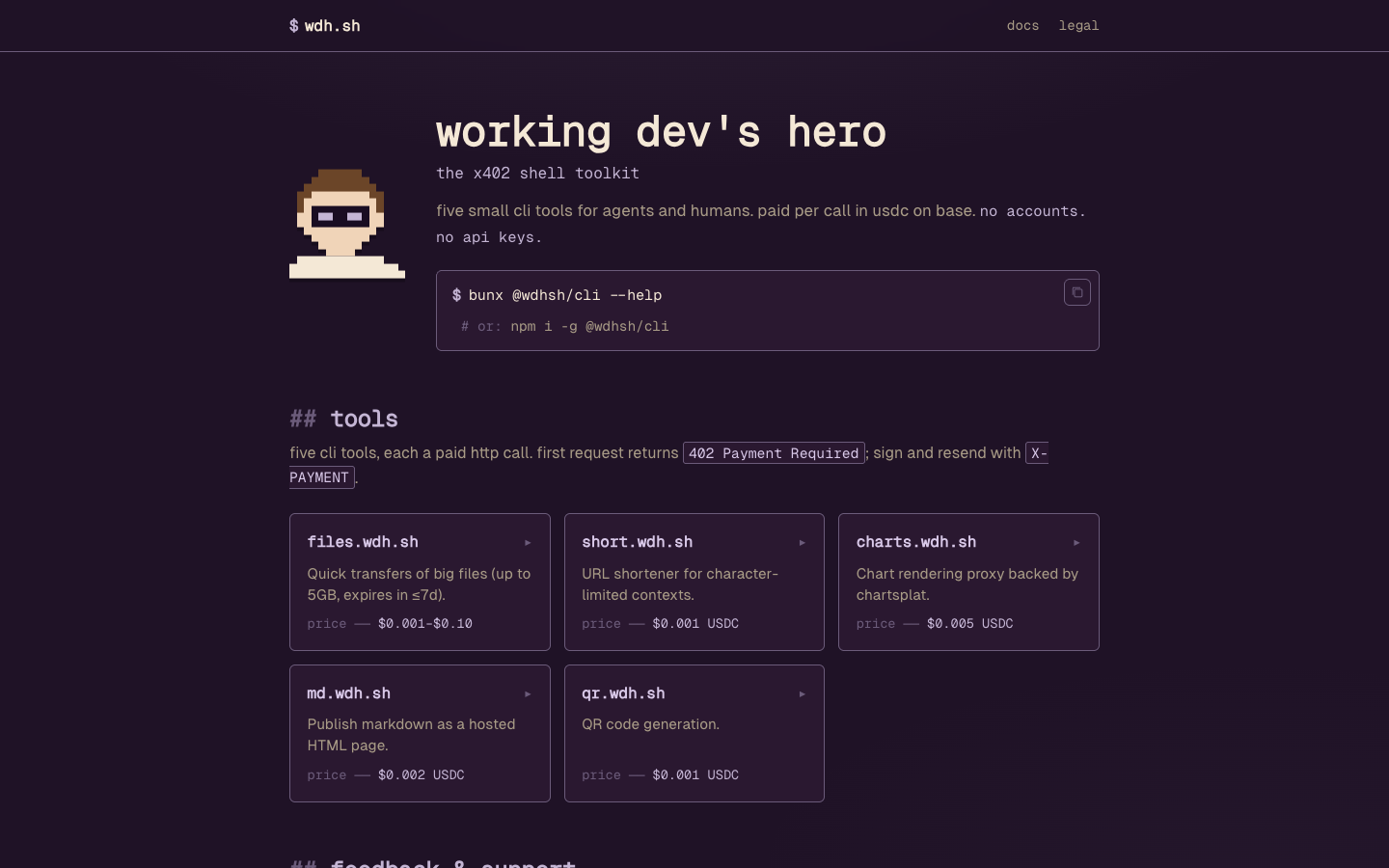 WDH.sh homepage — the x402 shell toolkit