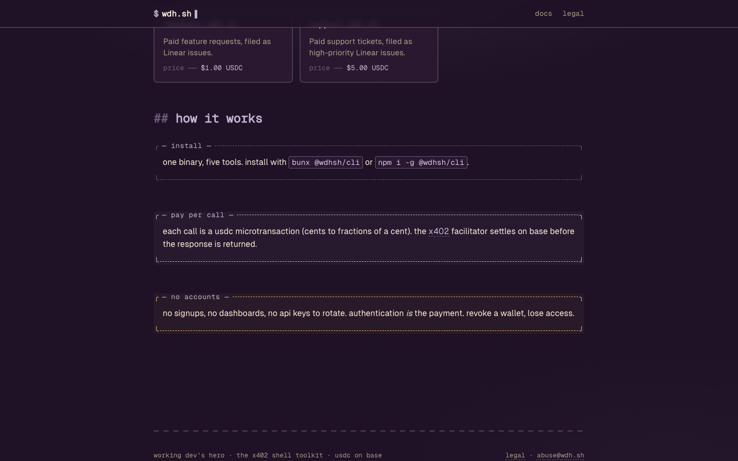 WDH.sh how it works — pay per call, no accounts